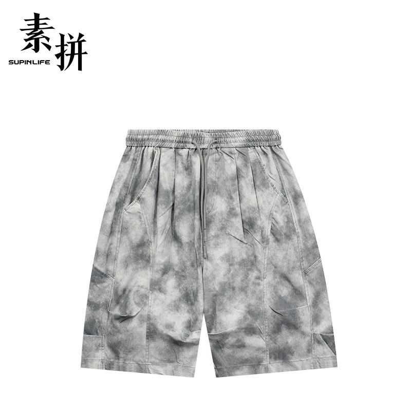素拼男装夏季男士短裤宽松潮牌舒适工装扎染百搭休闲五分裤松紧腰