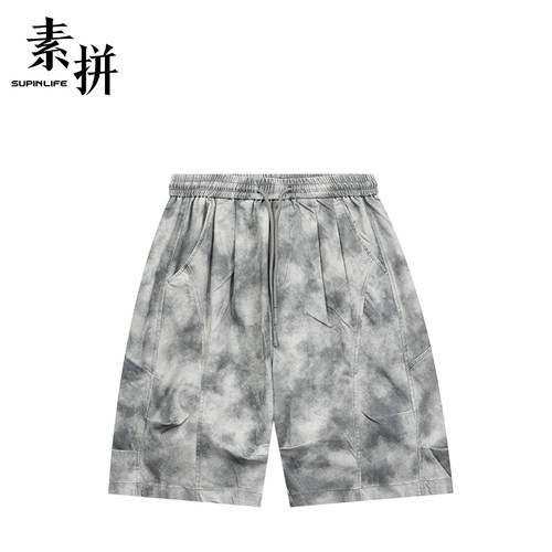 素拼男装夏季男士短裤宽松潮牌舒适工装扎染百搭休闲五分裤松紧腰