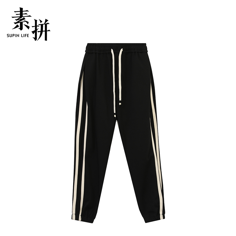 素拼男装秋季男裤美式条纹休闲裤男运动裤潮牌高街宽松直筒长裤子