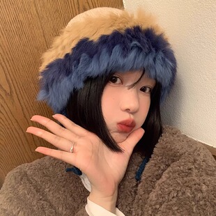 盆帽女秋冬高级感可折叠保暖渔夫帽复古显白蓝色兔毛帽子防寒保暖