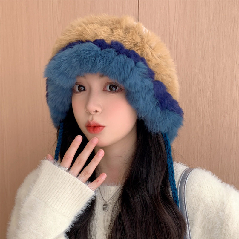冬天女帽子时尚洋气百搭兔毛针织帽秋冬季拼接保暖毛线帽甜美毛绒