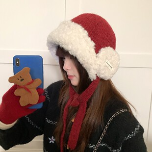 红色系帽子毛绒加厚护耳毛线帽女士秋冬季大头围保暖针织帽雷锋帽