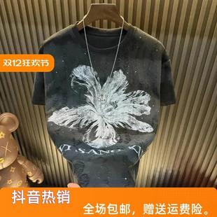 钞戈服饰新年短袖花朵男款亮闪破洞男上衣轻奢半袖圆领大码打底