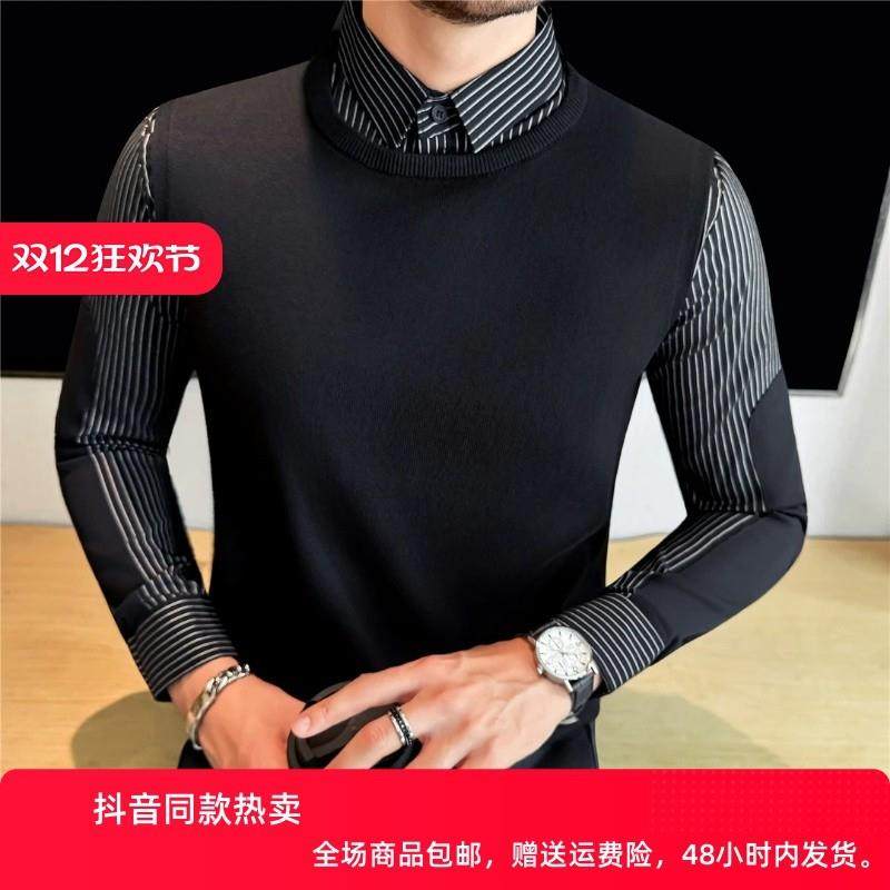 伊纤时尚专营店男士秋冬贴片假两件毛衣设计感拼接针织条纹衬衫03