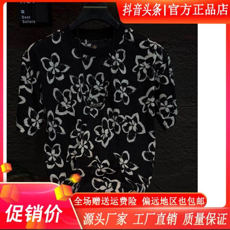 绅度轩服饰LMVQ夏季老钱风男痞帅风镂空印花圆领潮流透气短袖T恤