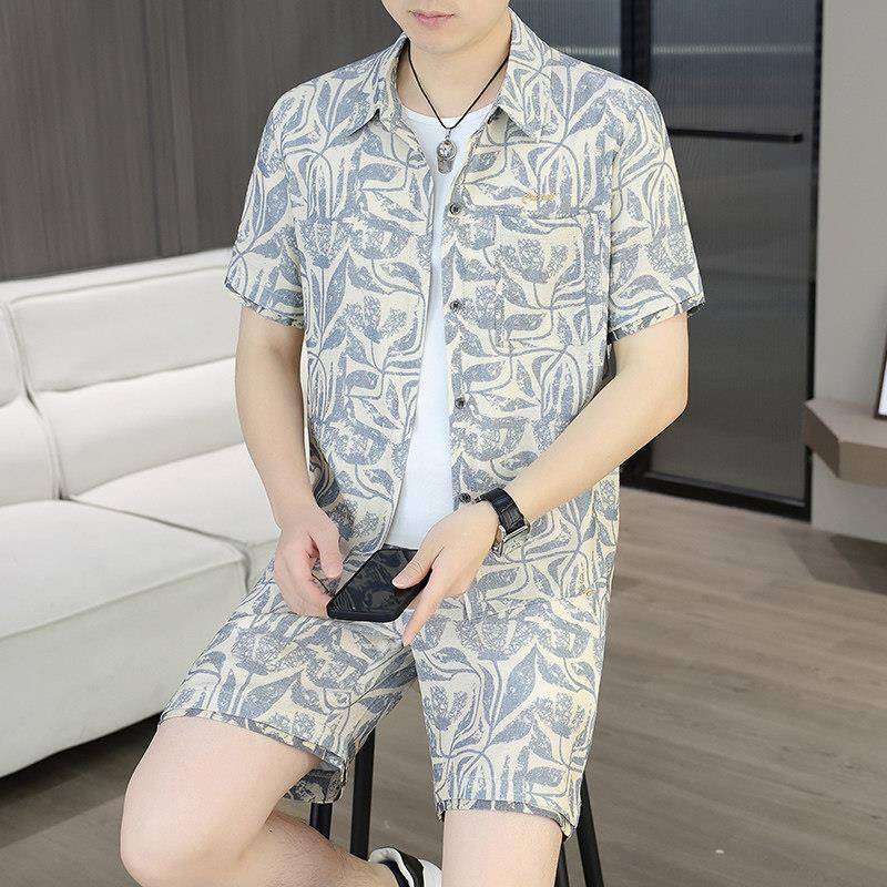 2026新款男士花衬衫套装夏季冰丝透气短袖短裤两件套休闲运动服男
