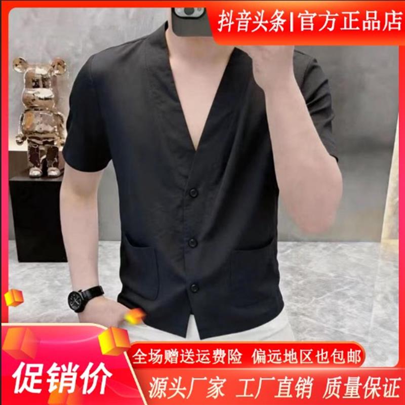 擎凌轻奢男装高档时尚夏季新款男士V领短袖衬衣休闲宽松时尚衬衫