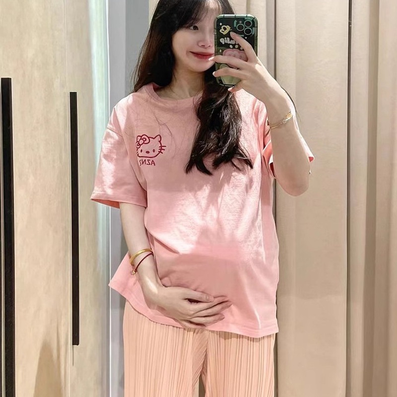 孕妇装夏款2025新款粉色宽松短袖纯棉t恤孕妇衣服上衣夏季薄款t恤