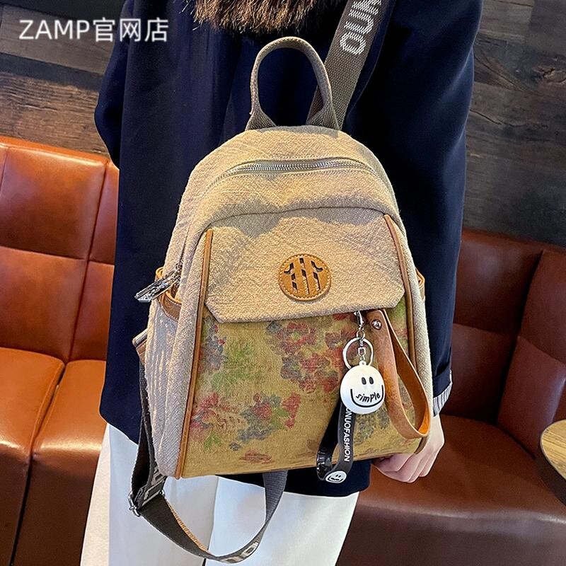 法国ZAMP新中式印花麻料背包女浅色文艺通勤高级感轻便书包登山包