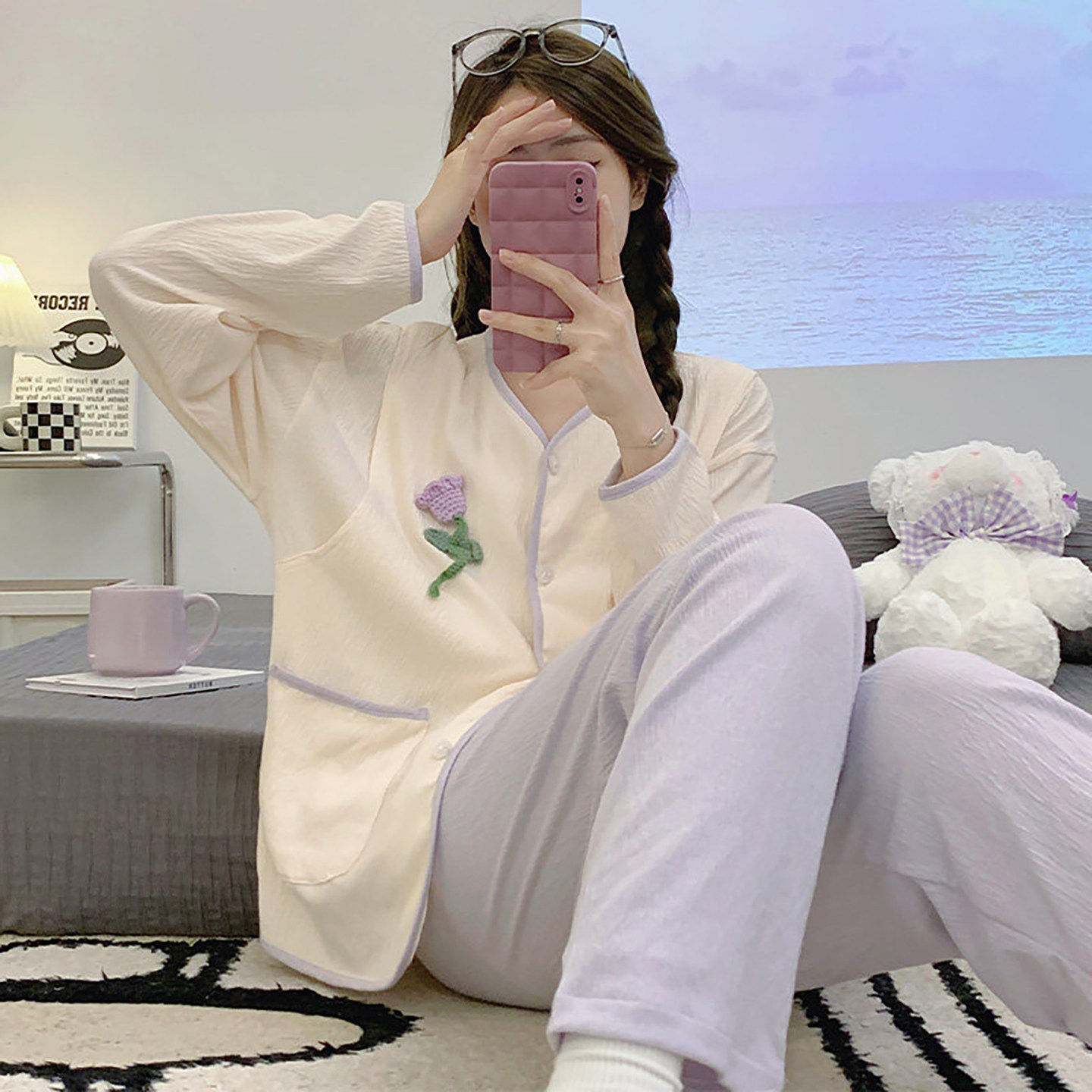 法国Uamtor棉纱带胸垫月子服夏季薄款产后纯棉孕妇哺乳睡衣家居服