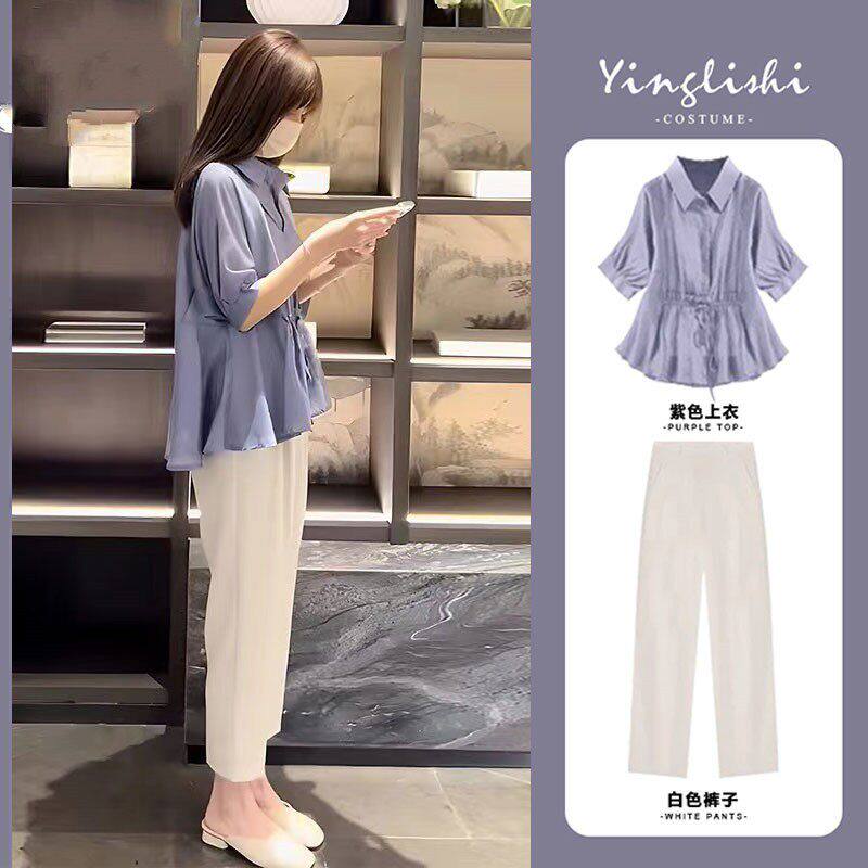 英国DHWA孕妇装夏季2026新款时尚衬衫+裤子洋气时髦两件套装休闲