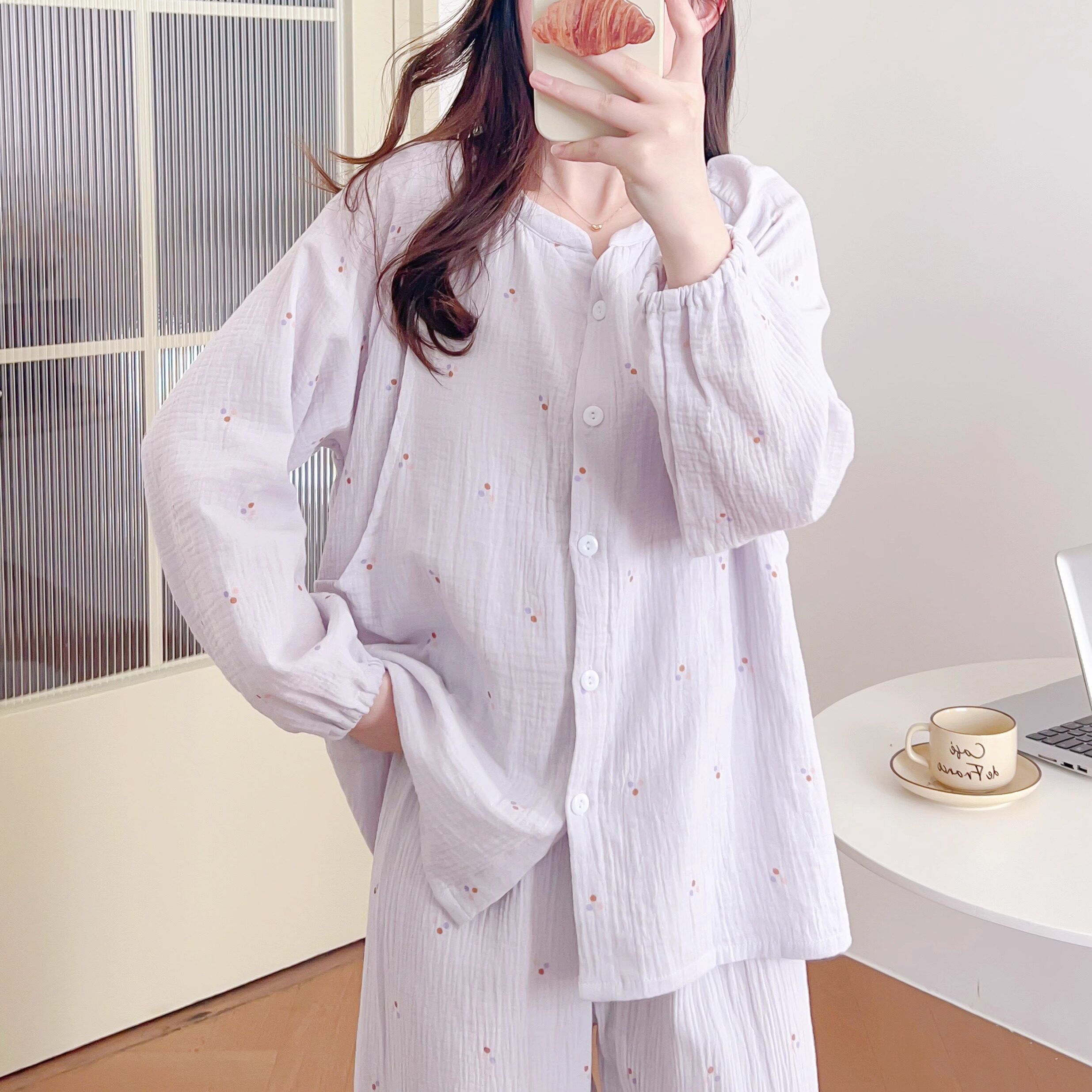 法国Uamtor孕妇纯棉月子服春秋带胸垫A类待产产后喂奶哺乳家居服