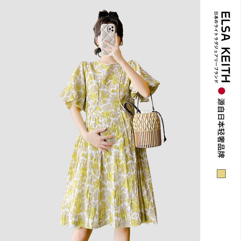 日本ELSA KEITH孕妇装2026新款黄色长短款收腰连衣裙大码宽松夏季