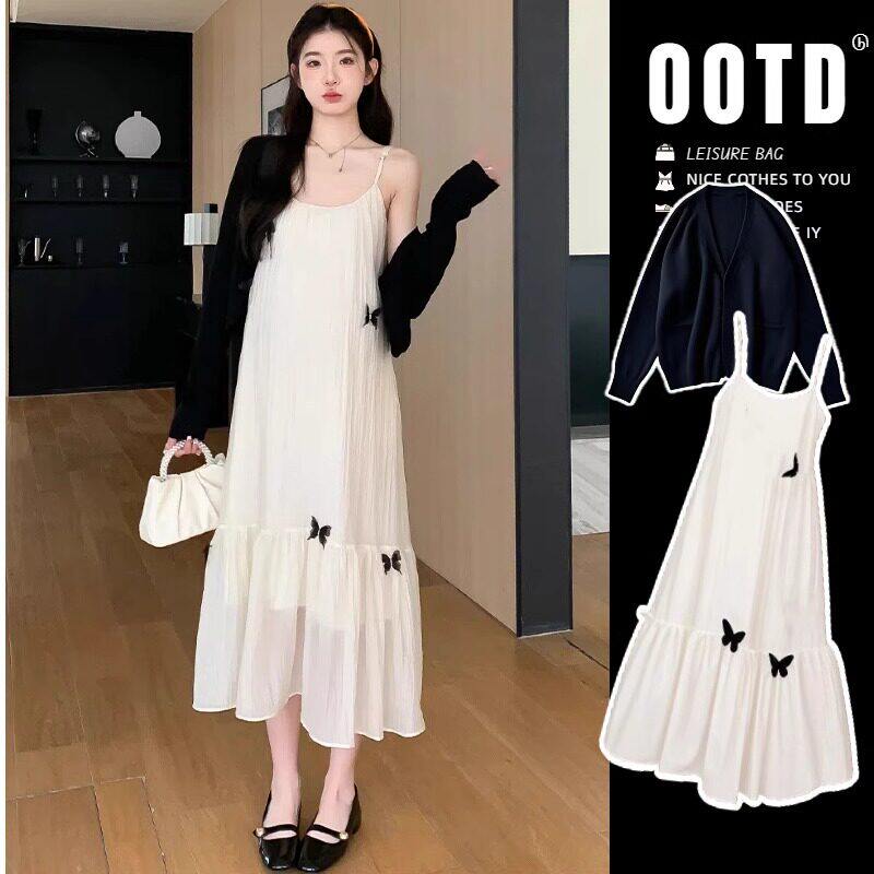 法国Uamtor孕妇连衣裙2026夏秋新款立体蝴蝶吊带配防晒开衫两件套