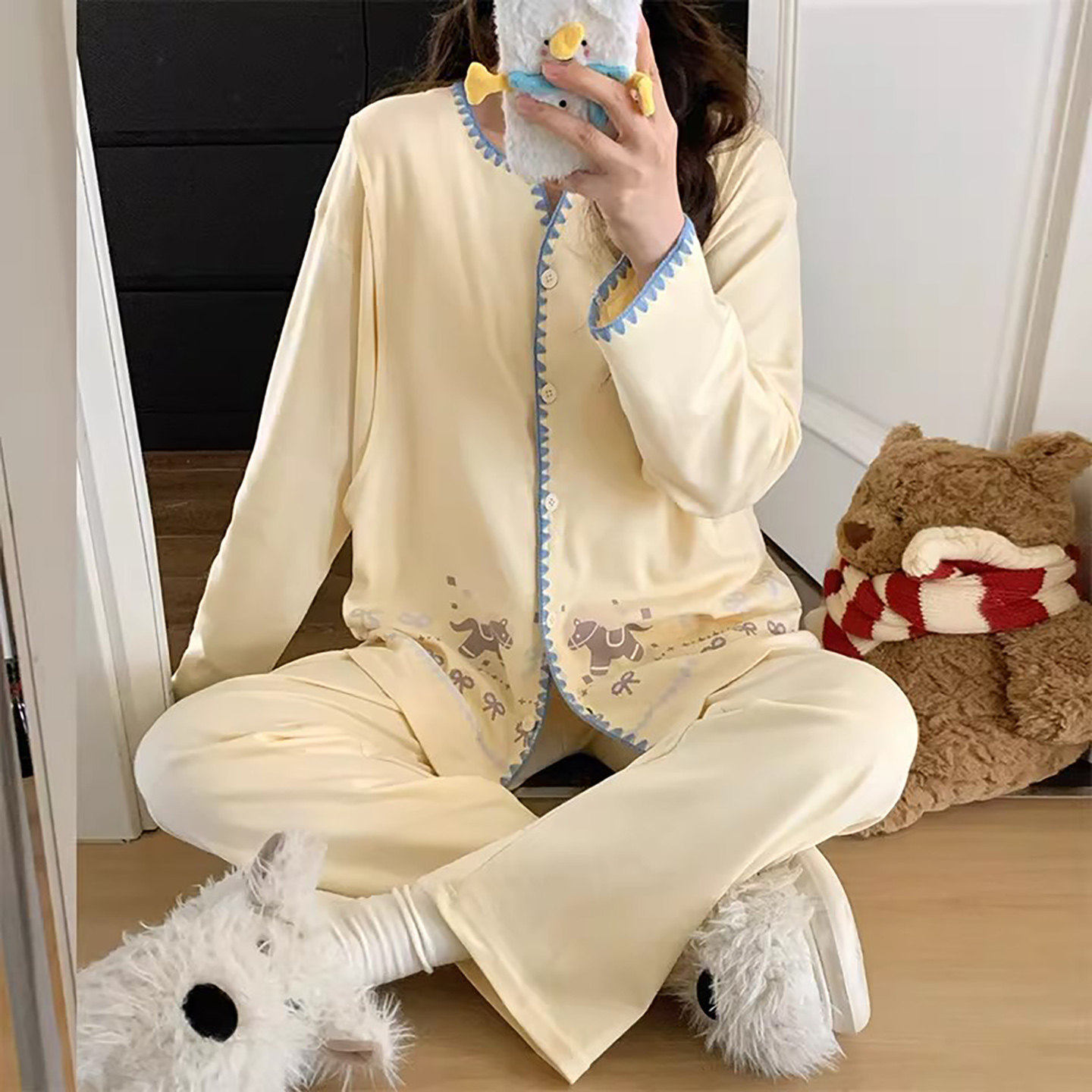 法国Uamtor带胸垫月子服夏季纯棉产后产妇全棉哺乳大码四季款睡衣