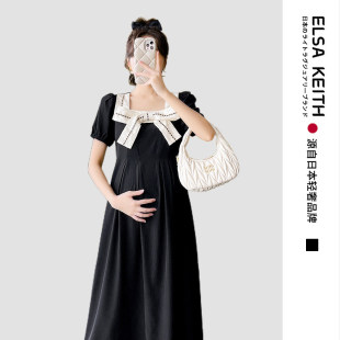日本ELSA KEITH孕妇装夏季黑色纯棉蝴蝶结宽松连衣裙大码新品气质