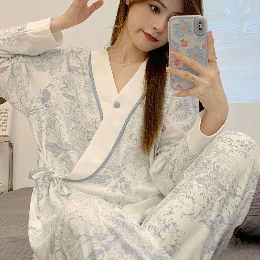法国G·T孕妇装月子服春季纯棉大码哺乳期睡衣产妇家居服套装