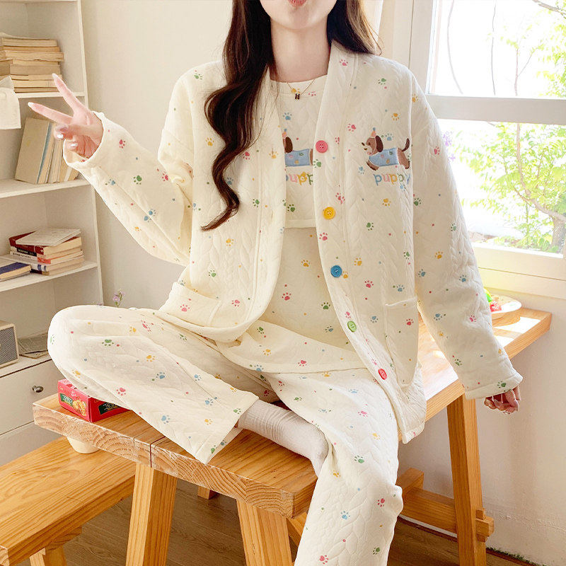 英国风MDCW空气棉月子服纯棉产后三件套孕妇睡衣秋冬带胸垫哺乳衣