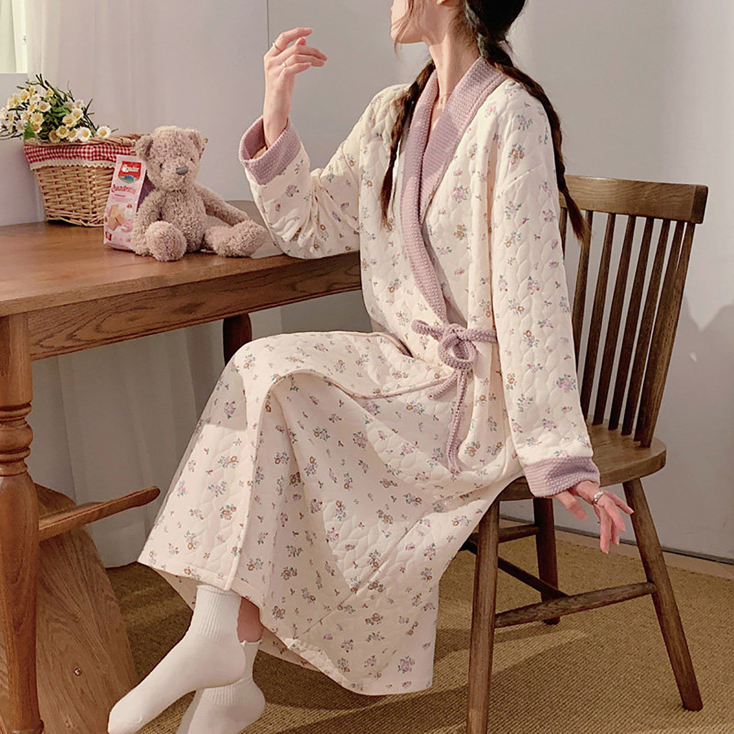 Uamtor月子服加厚待产裙秋冬款夹层空气棉透气保暖产妇哺乳睡裙子
