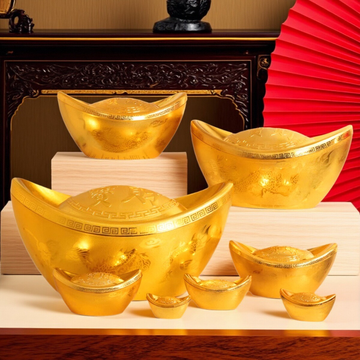 乔迁元宝摆件春节新年装饰糖果盒元宝仿真空心塑料道具金元宝摆件