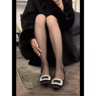秋冬浅口单鞋黑色船鞋方扣水钻粗跟中跟瓢鞋子平跟平底rv高跟鞋女