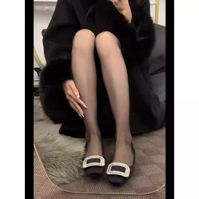 秋冬黑色方扣水钻粗跟浅口单鞋