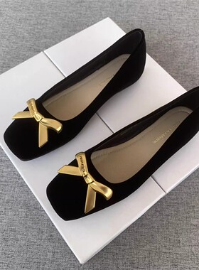 法式方头蝴蝶结单鞋女平跟黑色百搭气质浅口鞋软底配裙子时尚女鞋