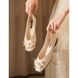 2026脚蹬新款 方头仙女百搭新娘鞋 高跟鞋 婚鞋 软底包鞋 平底水钻单鞋