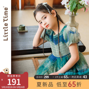 公主裙 短袖 新款 littletime女童绿色中国风网纱蓬蓬连衣裙2024夏季