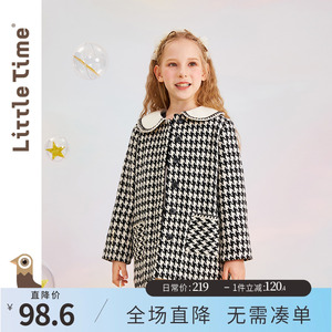 littletime女童千鸟格毛呢外套2023秋冬中长加厚儿童黑白格子大衣