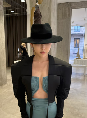 25秋冬新款黑色羊毛呢大檐爵士礼帽女大头围凹造型法式复古英伦风