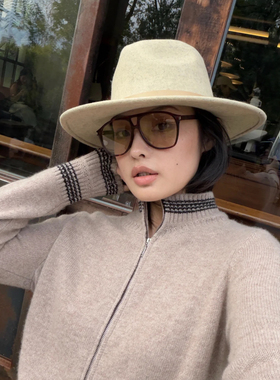 26秋冬法式复古燕麦色羊毛礼帽优雅气质百搭爵士顶礼帽女毛毡帽子