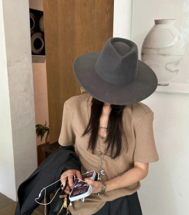 26秋冬时尚休闲光身大檐灰色羊毛呢爵士帽户外逛街保暖凹造型礼帽