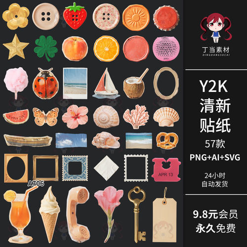 Y2K复古剪纸扣子邮票边框甲虫手帐拼贴纸AI矢量PNG免抠可商用素材