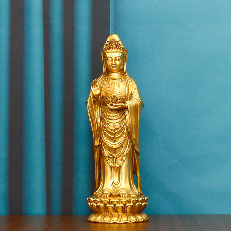 铜普陀山南海观音佛像摆件手持法轮观世音菩萨站像客厅家用摆设