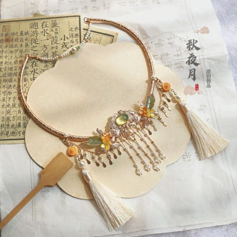 中秋桂花璎珞项圈长流苏背云汉服配饰古风折桂令秋夜月