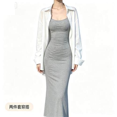 卡戴珊性感吊带连衣裙套装女夏季新款宽松衬衫修身包臀长裙两件套