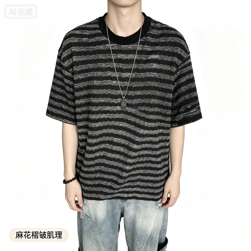 夏季纱色麻花条纹褶皱条纹圆领宽松短袖T恤男士时尚百搭休闲上衣