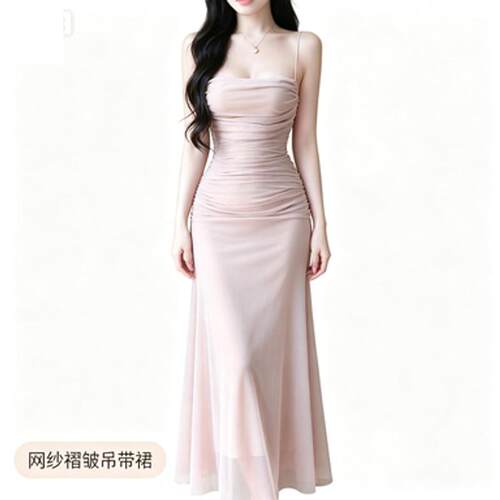 纯欲清冷感网纱褶皱吊带连衣裙女气质收腰显瘦包臀长裙潮