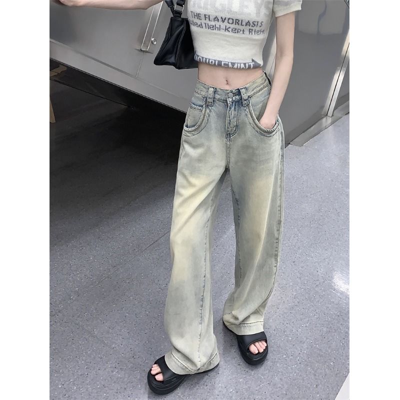 美式复古高腰直筒牛仔裤女夏季2024新款宽松显瘦加长阔腿拖地裤子