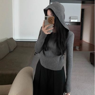 灰色连帽长袖针织打底衫2025新款女秋冬内搭修身显瘦短款套头毛衣