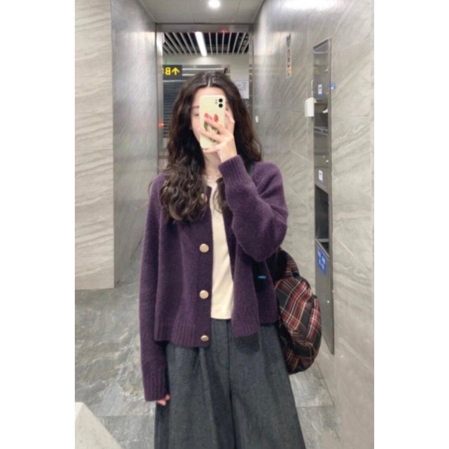 软糯奶fufu紫色浣熊绒开衫毛衣外套女春秋宽松慵懒风外穿针织上衣