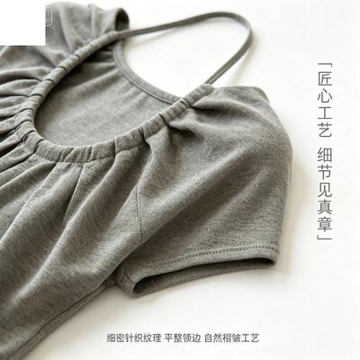 挂脖式上衣~韩女日常 松弛感短袖T恤女U领褶皱设计感百搭显瘦上衣