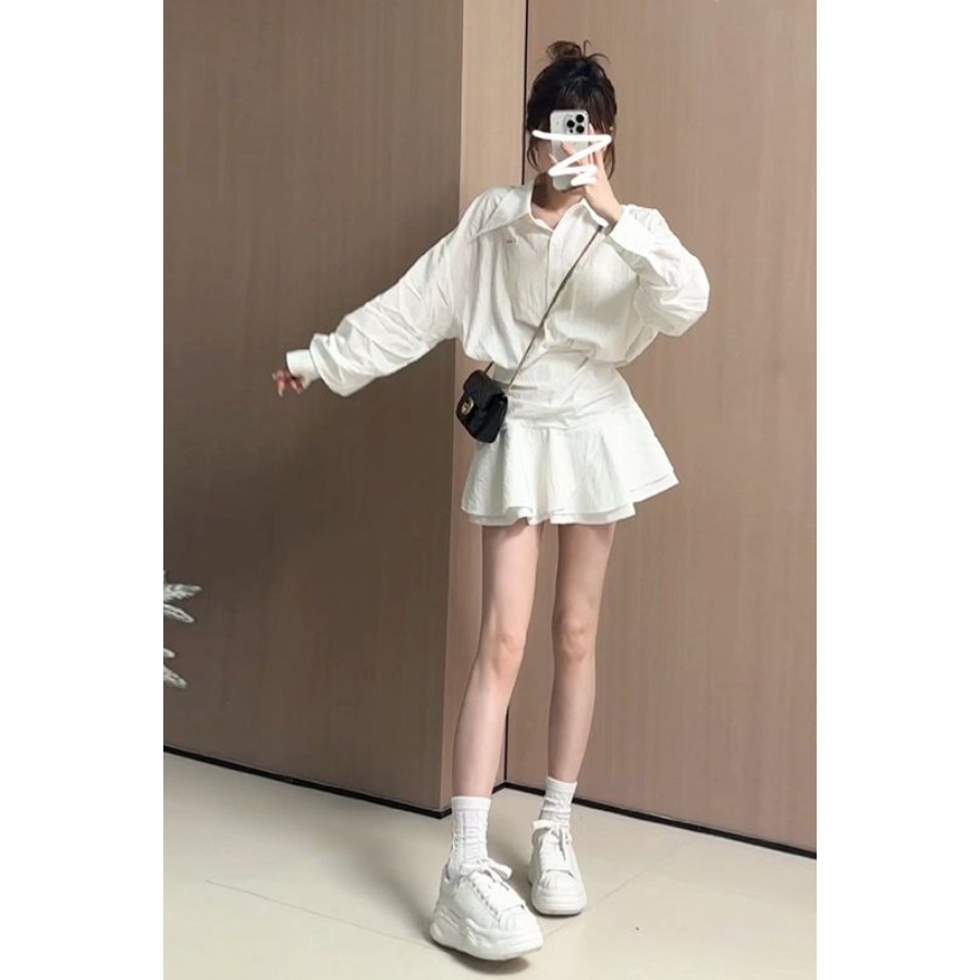 法式长袖荷叶衬衫裙新款气质衬衫衬衣连衣裙白色显瘦裙子收腰短裙