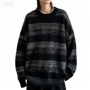 秋冬日系复古撞色条纹毛衣男女生慵懒风针织衫宽松套头情侣外套潮