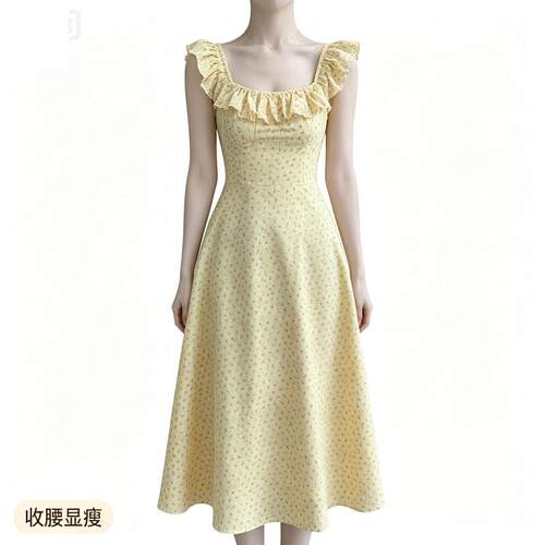 连衣裙女2024夏季新款韩版简约无袖碎花裙收腰显瘦中长款a字裙女