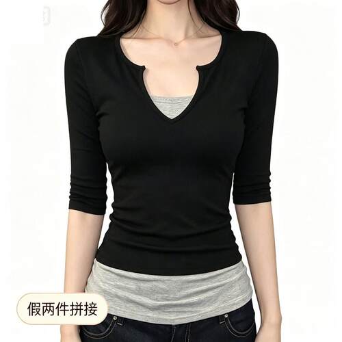 美式高级V领拼接假两件半袖t恤女复古显瘦百搭辣妹正肩五分袖上衣
