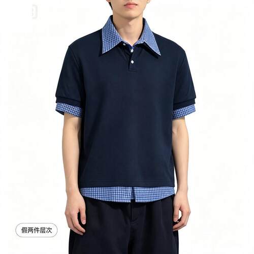 美式假两件短袖T恤POLO领男女款夏季miu系衬衫格纹半袖上衣老钱风