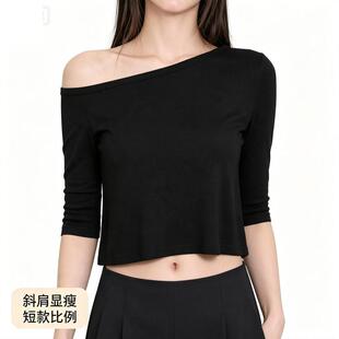 JECCIFIVE 纯欲性感斜肩7分袖上衣女夏季韩版休闲时尚显瘦短款T恤