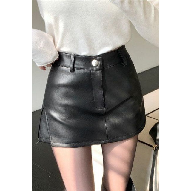 2025冬季新款时尚洋气显瘦修身洋气PU皮半开叉包臀防走光裙裤